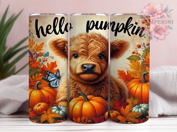 Pumpkin Highland Cow 20oz Tumbler Wrap PNG, Hello Pumpkin Tumbler PNG Sublimation Design, Straight & Tapered Tumbler Wrap, Instant Digital Download Fashion