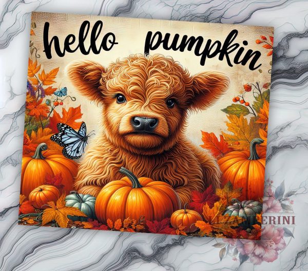 Pumpkin Highland Cow 20oz Tumbler Wrap PNG, Hello Pumpkin Tumbler PNG Sublimation Design, Straight & Tapered Tumbler Wrap, Instant Digital Download Fashion - Image 2