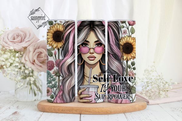 Self Love Is Your Superpower Tumbler Wrap png, Positive affirmation 20 oz Skinny Sublimation Tumbler Design, Boho Women Tumbler Design on Sale