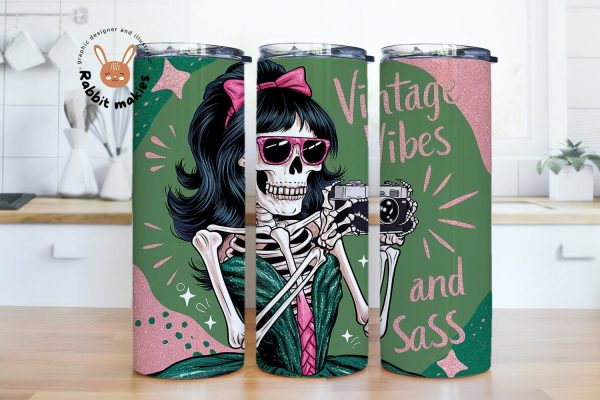 Vintage Vibes and Sass Retro Skeleton 20oz Skinny Tumbler Png, Snarky Skeleton Sublimation Design Online