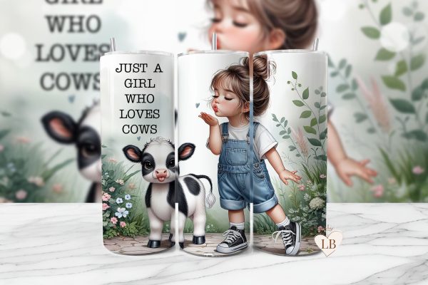 Adorable Girl & Baby Cow Seamless Tumbler Wrap PNG For Cheap