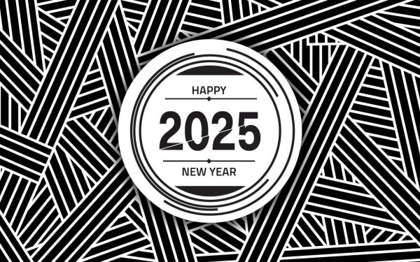 2025 New Year banner with numbers from simple geometric shapes and figures inside confetti. Template for greeting card, invitation, poster, flyer, web.Vector illustration isolated on white background. Hot on Sale