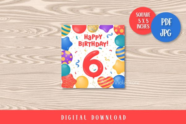 Happy Birthday 6 years Printable Card | Sixth BDay Greeting Online