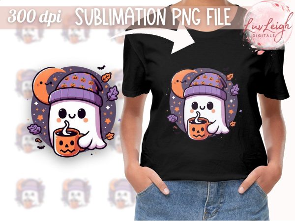 Ghost with Beanie and Pumpkin Mug Clipart Halloween Sublimation PNG on Sale - Image 2