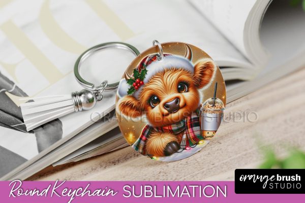 Christmas Keychain PNG, Highland Cow Keychain Sublimation Online now