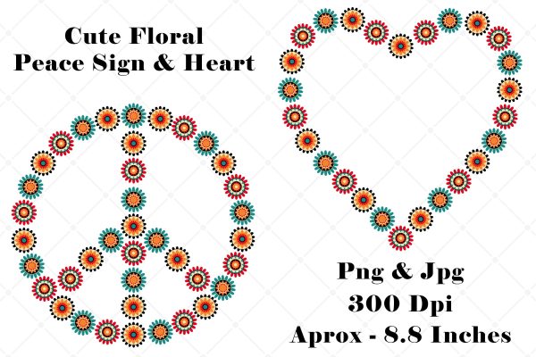 Cute Floral Peace Sign and Heart Graphic Design Elements For Sale