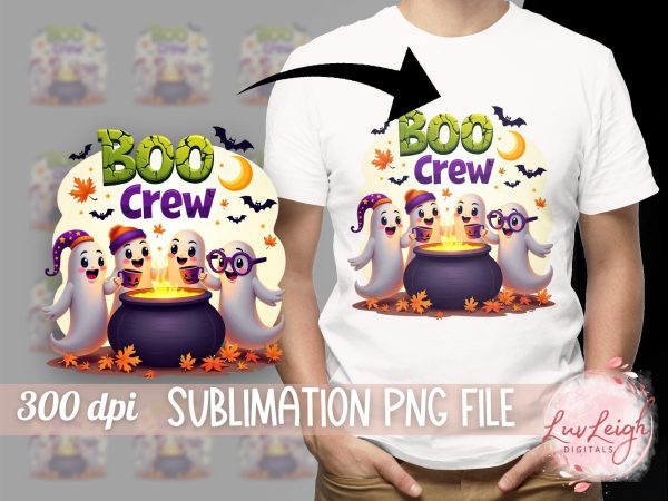 Halloween Boo Crew Sublimation PNG, Cute Ghosts Around Cauldron Online