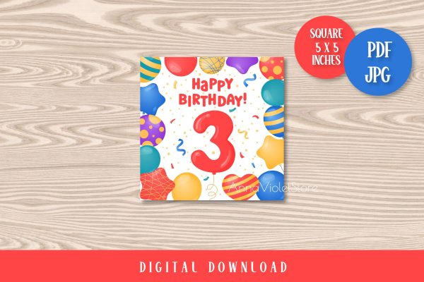 Happy Birthday 3 years Printable Card | Third BDay Greeting Online Sale