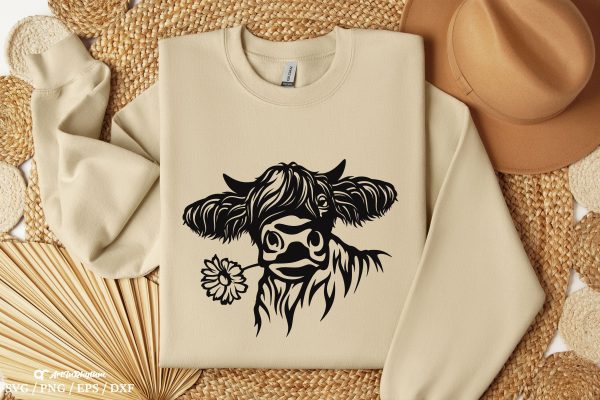 Cow Face Svg, Highland Cow Svg, Cow Head with a flower Svg, Cow Svg Fashion - Image 2