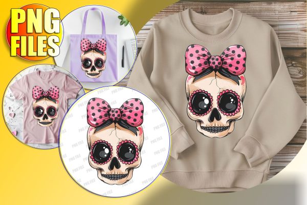 Cute Halloween Skull with Bow Sublimation Design - Fall Supply