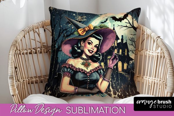 Retro Witch Pillow Cover - Halloween Pillow Sublimation PNG Online now