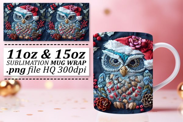 Christmas Owl Wrap for Mug 11oz 15oz Embroidered For Cheap