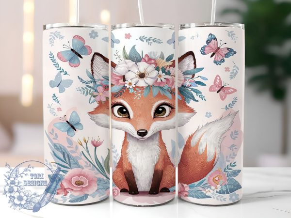 Baby Fox 20oz Skinny Tumbler PNG, Flowers Animal Tumbler Sublimation Wrap, Straight & Tapered Tumbler Wrap, Instant Digital Download Sale