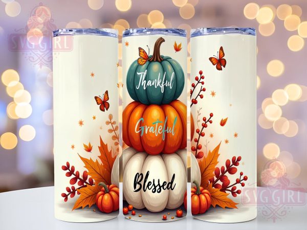 Thankful Grateful Blessed 20oz Tumbler Wrap Sublimation Design, Straight Tapered Tumbler Wrap, Thanksgiving Tumbler Png, Instant Digital Download For Discount
