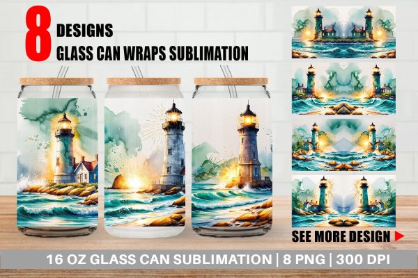 Glass Can Watercolor Lighthouse Cheap