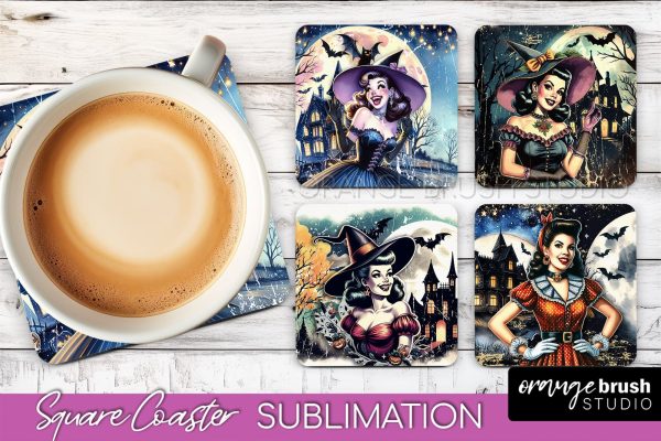 Retro Witch Square Coaster, Halloween Coaster Sublimation For Discount