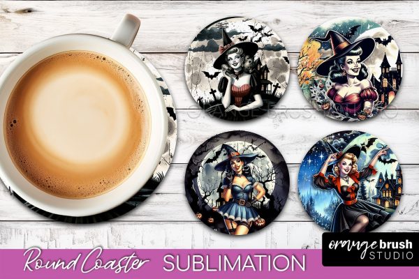 Retro Witch Round Coaster, Halloween Coaster Sublimation PNG Hot on Sale