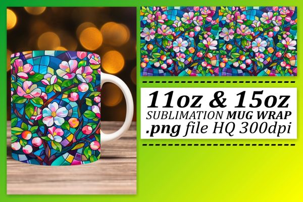 Vibrant Stained Glass Tree Mug Wrap 11oz 15oz Sublimation Fashion