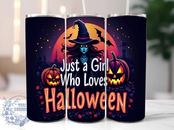 Just a Girl Who Loves Halloween 20oz Skinny Tumbler PNG, Spooky Vibes Tumbler Sublimation Wrap, Straight & Tapered Tumbler Wrap, Instant Digital Download For Discount