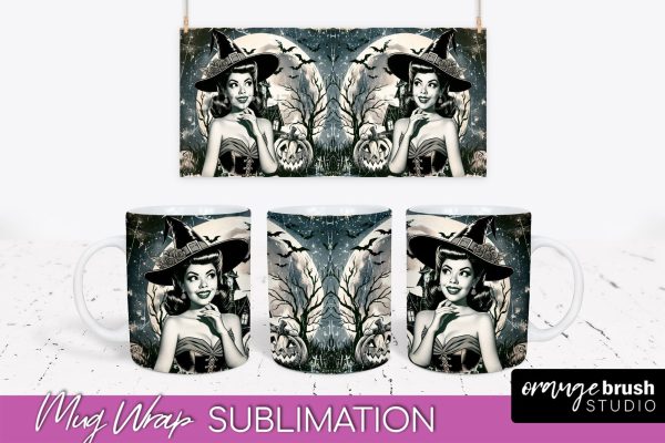 Retro Witch Mug Wrap - Vintage Halloween Mug Sublimation Hot on Sale
