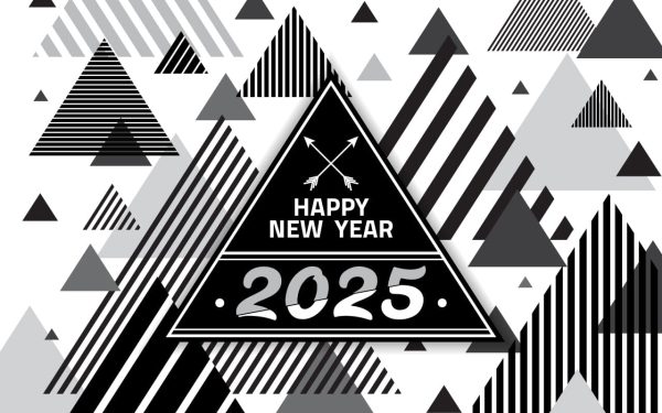 Outline abstract background with Chinese New Year 2025. Numbers and arrow geometric shapes in retro style Bauhaus in black and white. Seamless pattern Supply