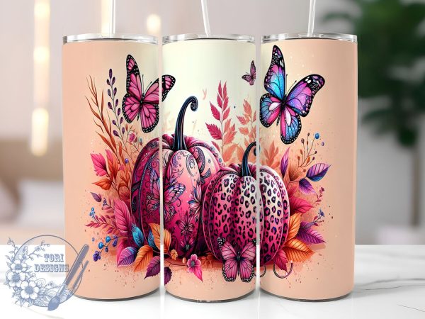 Pink Pumpkins Breast Cancer Survivor 20oz Skinny Tumbler PNG, Breast Cancer Ribbon Tumbler Sublimation Wrap, Straight & Tapered Tumbler Wrap, Instant Digital Download For Sale