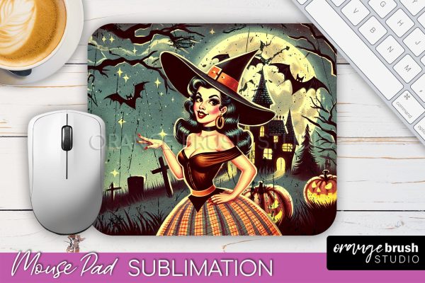 Retro Witch Mouse Pad - Halloween Mousepad Sublimation PNG Hot on Sale