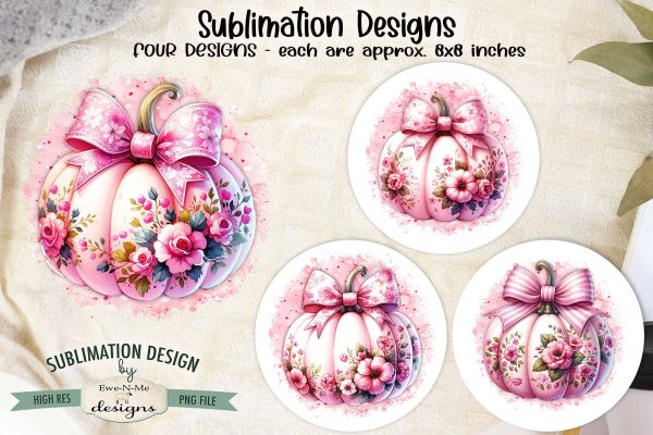 Pink Pumpkins with Bows Sublimation Designs | 4 PNG Designs Discount