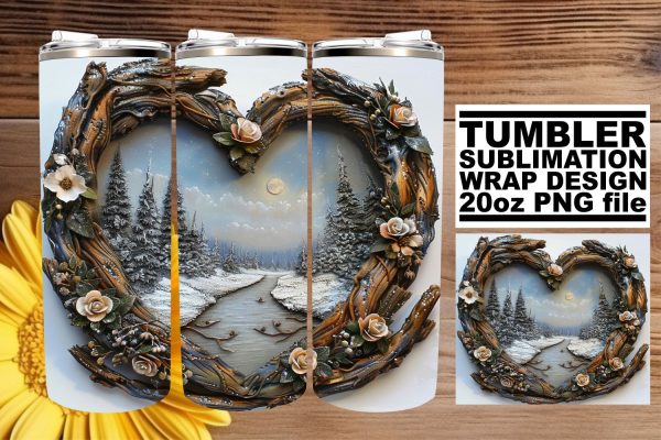 3D Heart Frame Christmas Landscape Tumbler Wrap Sublimation Supply