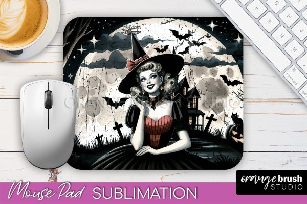 Retro Witch Mouse Pad - Halloween Mousepad Sublimation PNG Cheap