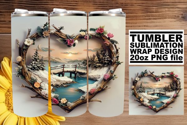 3D Heart Frame Holiday Landscape Tumbler Wrap Sublimation on Sale