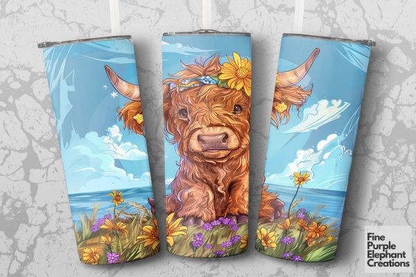 Highland Cow Summer Sunflower Crown Sublimation Tumbler Wrap Fashion