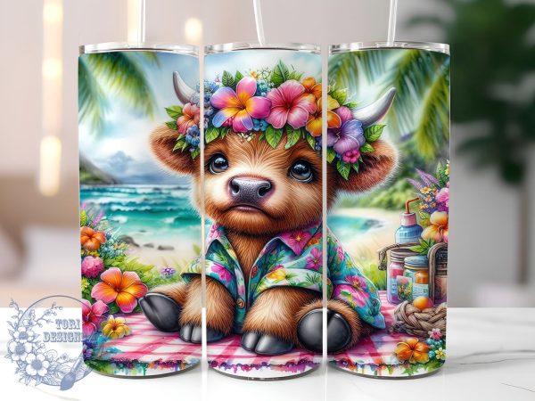 Cute Summer Highland Cow 20oz Skinny Tumbler PNG, Highland Cow Tumbler Sublimation Wrap, Straight & Tapered Tumbler Wrap, Instant Digital Download Discount