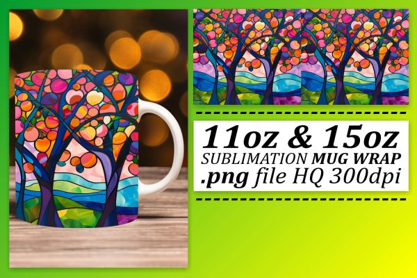 11oz 15oz Mug Colorful Stained Glass Tree Wrap Design on Sale