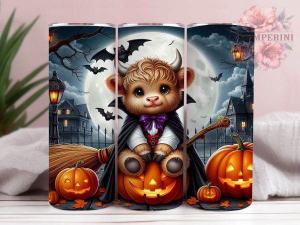 Cute Scary Highland Cow 20oz Tumbler Wrap PNG, Halloween Highland Cow Tumbler PNG Sublimation Design, Straight & Tapered Tumbler Wrap, Instant Digital Download For Discount