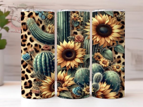 Cactus Leopard Sunflower 20 oz Skinny Tumbler Sublimation Design, Straight & Tapered Tumbler Png, Western Sunflowers Tumbler Png, Digital Download PNG Fashion