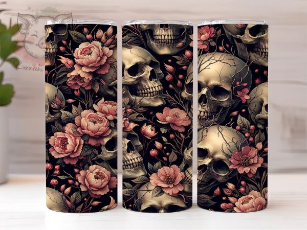 Skull and Roses 20 oz Skinny Tumbler Sublimation Design, Straight & Tapered Tumbler Png, Skull Flower Tumbler Png, Digital Download PNG on Sale