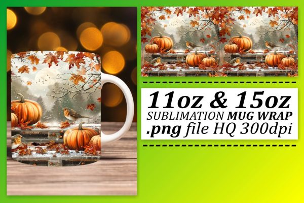 Watercolor Mug Wrap Autumn Scene Sublimation 11oz 15oz on Sale