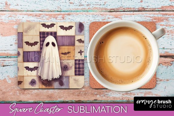 Patchwork Retro Halloween Coaster, Ghost Square Coaster PNG Online Hot Sale