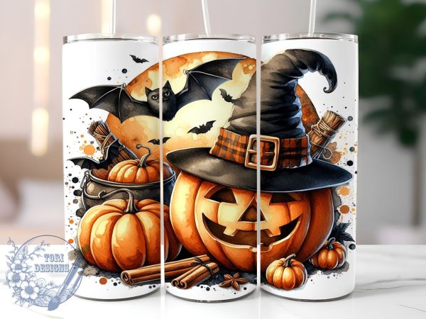 Halloween Pumpkin 20oz Skinny Tumbler PNG, Pumpkin Bat Tumbler Sublimation Wrap, Straight & Tapered Tumbler Wrap, Instant Digital Download For Sale