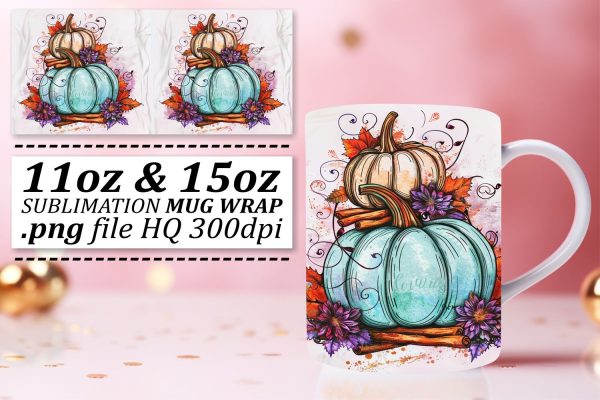 Pumpkin Mug Wrap Design Watercolor Autumn 11oz 15oz Sale
