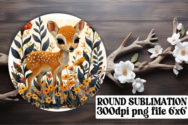 Watercolor Deer & Flower Keychain Sublimation Round Design on Sale
