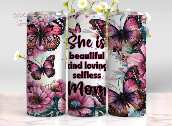 Pink Mom Tumbler Wrap, 20 oz Skinny Sublimation Tumbler Design, Mother s Day Sublimation Design Png, Floral Butterfly Tumbler Png Download Fashion
