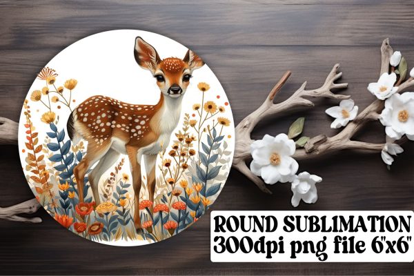Sweet Deer with Flowers Keychain Round Design Watercolor Fashion