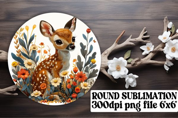 Adorable Deer with Floral Wrap Round Design Sublimation Watercolor Online Sale
