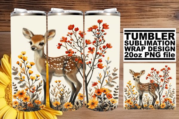 Watercolor Deer & Flower Tumbler Wrap 20oz Sublimation Design Discount