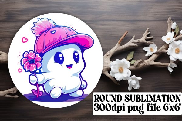 Cute Pink Halloween Ghost Round Design Sublimation Keychain Online