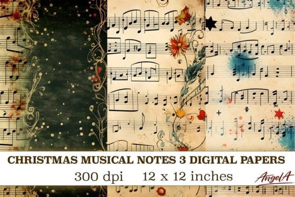 Christmas retro digital papers   musical notes png Online Hot Sale