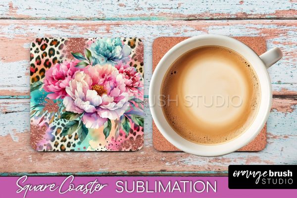 Leopard Print Flower Square Coaster - Floral Coaster PNG Online Sale