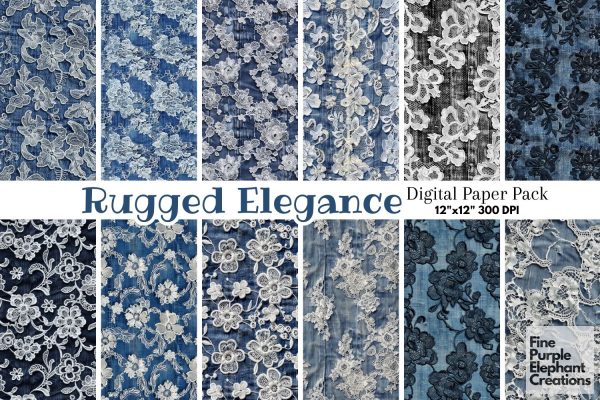 Blue Denim Lace Jean Digital Paper - Textured White Black Cowboy Online now